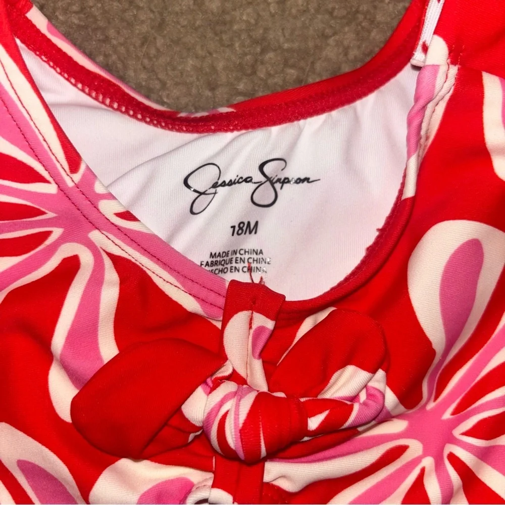 Jessica Simpson Red and Pink Floral Girls Long-Sleeve Swimsuit with Headband